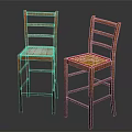 Two Light Brown Wooden Stools With Woven Checkered Seats And High Backrests