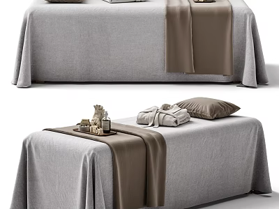 Cozy Massage Bed With Gray Bedspread Brown Blanket Soft Pillows And Folded Towels 3d model