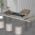 Modern Tea Table And Chair With Beige Stools Featuring Tea Set And Plants 3d model