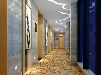 Hotel Corridor Interior Design With Marble Walls Floral Carpet Curved Ceiling Lights And Decorative Artworks 3d model