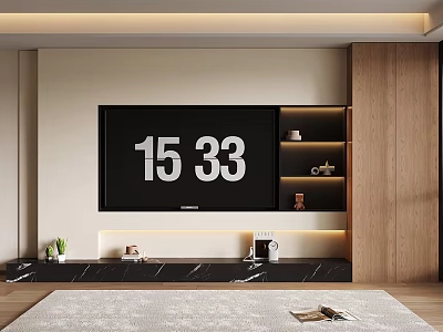 Modern TV Wall Design With Large Screen TV Black Marble Countertop And Wooden Shelves 3d model