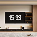 Modern TV Wall Design With Large Screen TV Black Marble Countertop And Wooden Shelves