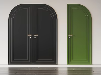 Black Arched Double Doors With Metal Handles Against White Walls Wooden Floor 3d model