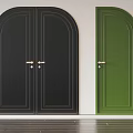 Black Arched Double Doors With Metal Handles Against White Walls Wooden Floor
