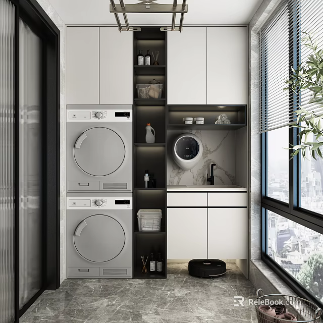Practical Home Balcony Setup With Stacked Washing Machine Dryer Storage Cabinets Window And Plants 3d model 
