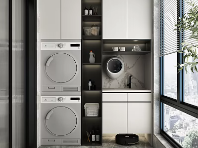 Practical Home Balcony Setup With Stacked Washing Machine Dryer Storage Cabinets Window And Plants 3d model