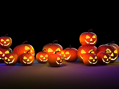 Glowing Halloween Jack O Lanterns With Carved Smiling Faces On Black Background 3d model