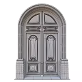 Green Double Doors With Ornate Carved Panels And Stone Arch Frame