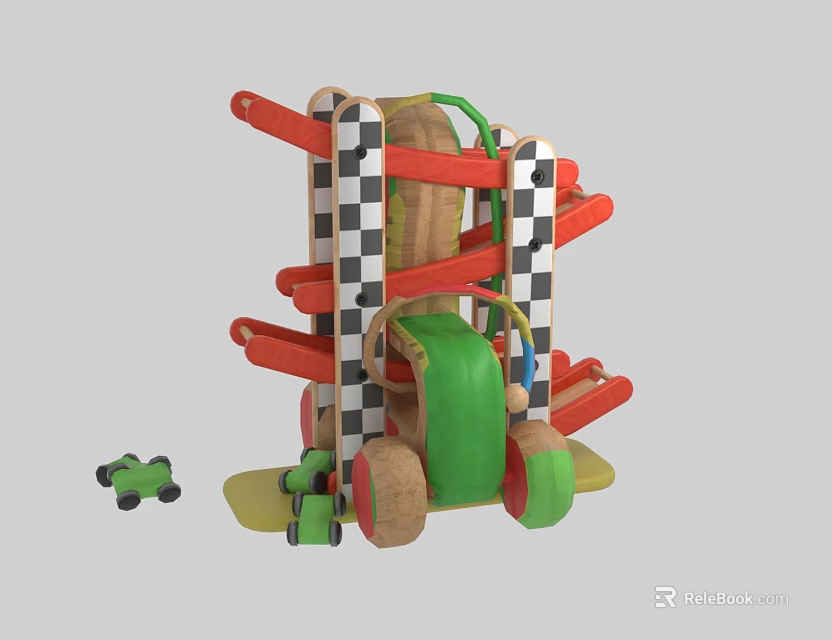 Colorful Wooden Toy Track With Multi Level Structure And Small Toy Cars 3d model 