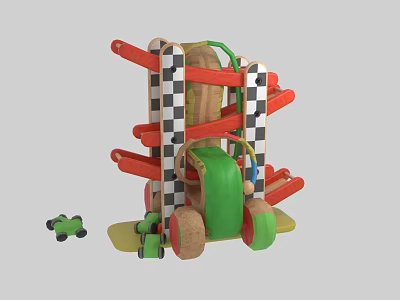 Colorful Wooden Toy Track With Multi Level Structure And Small Toy Cars 3d model