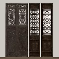 Traditional Dark Wooden Swing Doors With Intricate Carved Patterns And Lattice Designs