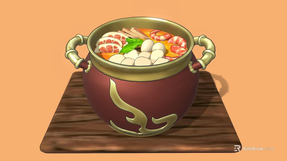 Traditional Hot Pot with Meat Shrimp Meatballs and Vegetables on Wooden Tray 3d model 