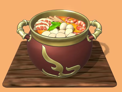 Traditional Hot Pot with Meat Shrimp Meatballs and Vegetables on Wooden Tray 3d model