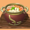 Traditional Hot Pot with Meat Shrimp Meatballs and Vegetables on Wooden Tray