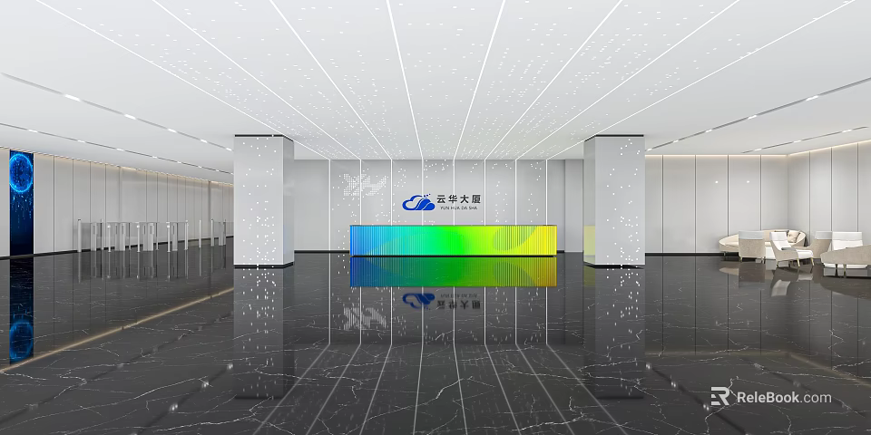 Huayuan Building Modern Reception Desk Interior With Blue Green Counter Marble Floor and White Ceiling 3d model 