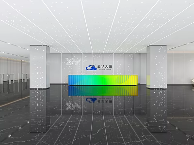 Huayuan Building Modern Reception Desk Interior With Blue Green Counter Marble Floor and White Ceiling 3d model