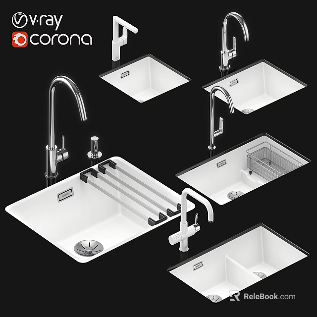 Multiple White Bathroom Sinks with Modern Faucets and Different Design Styles 3d model 