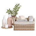 Bathroom Accessories With Wicker Basket Towels Skincare Products And Plant