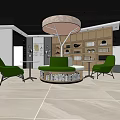 Modern Lounge Area With Green Chairs Round Table Bookshelves And Pendant Light