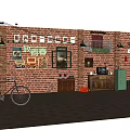 Antique Display Shelf in Vintage Red Brick Wall with Retro Posters Bicycle and Green Plants
