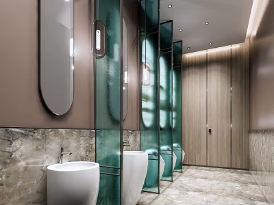 Modern Public Restroom Featuring Mirrors Glass Partitions White Sinks Wooden Cubicle Doors And Marble Walls 3d model