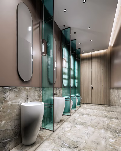 Modern Public Restroom Featuring Mirrors Glass Partitions White Sinks Wooden Cubicle Doors And Marble Walls 3d model