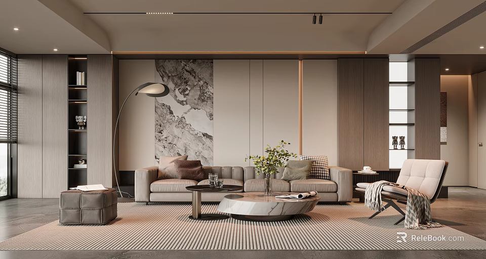 Modern Living Room Interior With Sofa Coffee Table Area Rug Floor Lamp And Decorative Painting 3d model 