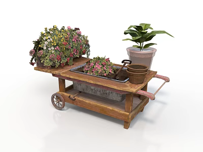 Wooden Garden Cart Loaded with Mixed Flowers Potted Plants and Green Foliage 3d model