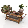 Wooden Garden Cart Loaded with Mixed Flowers Potted Plants and Green Foliage