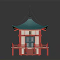 Cartoon Scenery Japanese Pavilion With Turquoise Roof Red Railings White Walls Hanging Lanterns And Steps