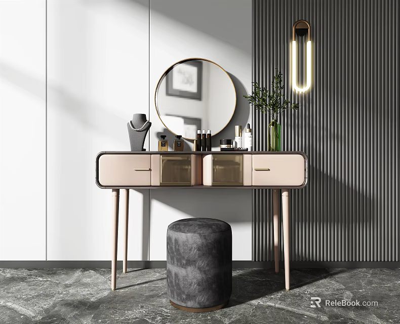 Modern Dressing Table With Round Mirror Pendant Light Metal Legs And Stool 3d model