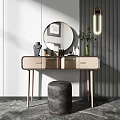 Modern Dressing Table With Round Mirror Pendant Light Metal Legs And Stool 3d model