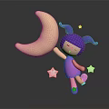 Cartoon Girl With Purple Pigtails Holding Crescent Moon And Stars