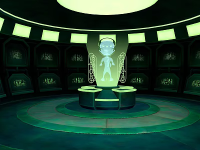 Futuristic Sci Fi Control Chamber With Circular Platform Glowing Human Projection And Illuminated Wall Panels 3d model