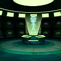 Futuristic Sci Fi Control Chamber With Circular Platform Glowing Human Projection And Illuminated Wall Panels