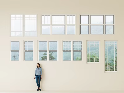 Modern Casement Windows In Multiple Rows On Wall With Mountain View And Grid Design 3d model