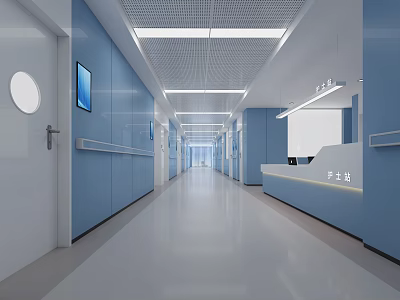 Modern Hospital Outpatient Clinic Corridor Interior with Blue Walls Nurse Station and White Ceiling Lighting 3d model