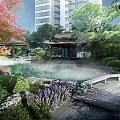 Scenic Garden Landscape With Pond Waterfall Rock Formations Pavilion And Green Trees
