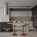 Modern Kitchen Interior With Island Counter Stools And Light Dark Cabinets Range Hood 3d model