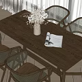 Natural Wooden Dining Table Set With Rattan Chairs Dried Flowers Vase And Magazine