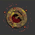 Red Hot Air Balloon With Golden Spiral Decorations And Floating Red Fragments On Gray Background
