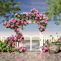 Garden Entrance Gate Decorated With Pink Roses Green Vines And Archway