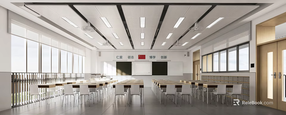 Modern School Classroom Featuring Desks Chairs Blackboard National Flag Bright Lights And Windows 3d model 