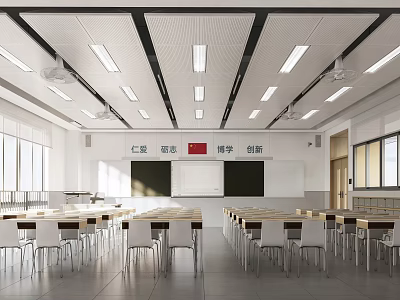 Modern School Classroom Featuring Desks Chairs Blackboard National Flag Bright Lights And Windows 3d model