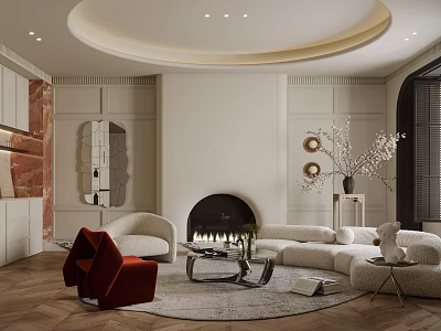 Elegant Modern Living Room Interior With Beige Sofa Red Accent Chair Fireplace And Round Rug 3d model