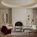Elegant Modern Living Room Interior With Beige Sofa Red Accent Chair Fireplace And Round Rug