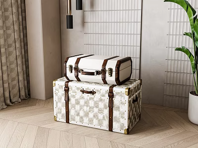 Vintage Cream Brown Pattern Suitcases Stacked With Leather Straps For Indoor Decor 3d model