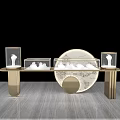 Modern Jewelry Store With Golden Display Counter Transparent Cases And Marble Top