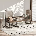 Wooden Rocking Leisure Chairs with Soft Cushions in Room with Tree Shadows and Diamond Rug