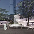 Modern Garden Landscape With Purple Flowering Trees Fountain And Paved Ground